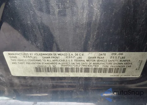 2007 Volkswagen Jetta 2.5 из США, поврежденный, VIN 3VWSG71K27M044793